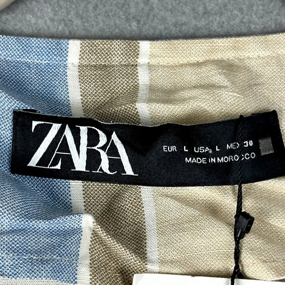 Zara Jacket Womens Large Striped Blue Linen BlendOpen Front Peplum Coastal NWT - Picture 4 of 16